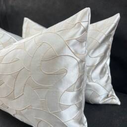Luxury Designer Silver Grey Swirl Taupe Beige Satin Cushion Cover Throw Pillow - thumbnail 4