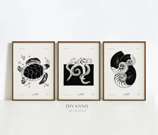 Ocean Set Of 3 Prints, Marine Animals Posters, Minimalist Wall Decor, Modern Art, Nautical Aesthetic Drawing, Printable Gallery Art - image 1