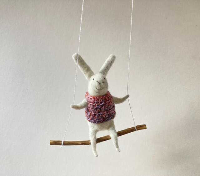 Gray Bunny On Swing, Needle Felted Animal, Nursery Decor, Baby Crib Mobile, Soft Bunny Toy - image 1