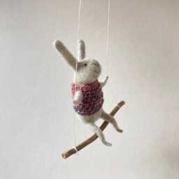 Gray Bunny On Swing, Needle Felted Animal, Nursery Decor, Baby Crib Mobile, Soft Bunny Toy - thumbnail 4