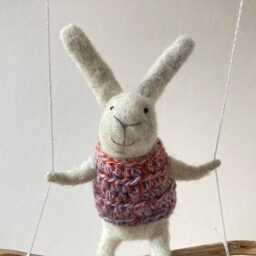 Gray Bunny On Swing, Needle Felted Animal, Nursery Decor, Baby Crib Mobile, Soft Bunny Toy - thumbnail 3