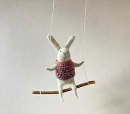 Gray Bunny On Swing, Needle Felted Animal, Nursery Decor, Baby Crib Mobile, Soft Bunny Toy - thumbnail 1