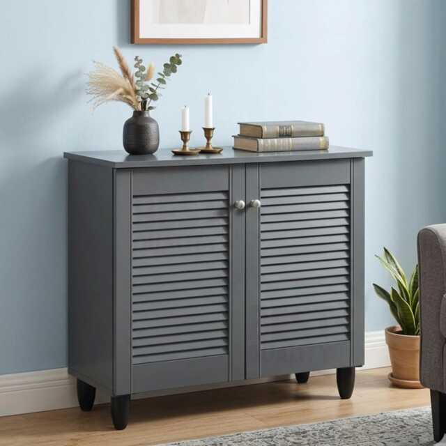 Wooden Shoe Rack Cabinet Grey 2 Door Storage Entryway Organizer Unit - image 1