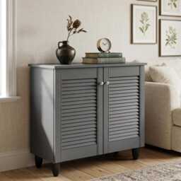 Wooden Shoe Rack Cabinet Grey 2 Door Storage Entryway Organizer Unit - thumbnail 4