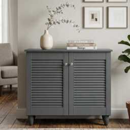 Wooden Shoe Rack Cabinet Grey 2 Door Storage Entryway Organizer Unit - thumbnail 2