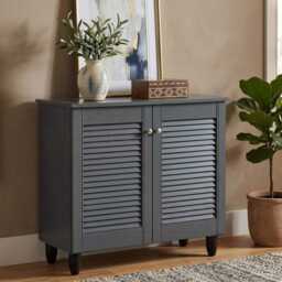 Wooden Shoe Rack Cabinet Grey 2 Door Storage Entryway Organizer Unit - thumbnail 3