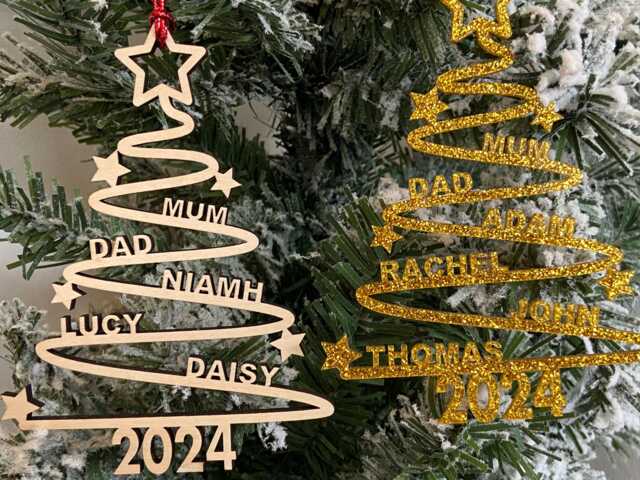 Personalised Family Names Christmas Tree Ornament, Wood Or Acrylic Decoration, Hanging Name Ornament - image 1
