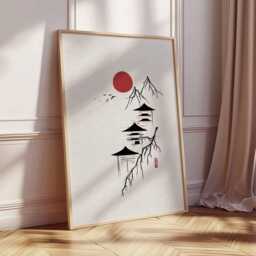 Minimalist Japanese Pagoda Art Print, Zen Red Sun Wall Poster, Ink Line Artwork - thumbnail 2