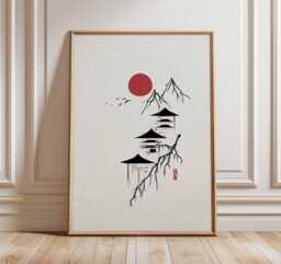 Minimalist Japanese Pagoda Art Print, Zen Red Sun Wall Poster, Ink Line Artwork - thumbnail 1