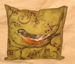 Shabby Chic Fun Throw Pillow With Bird Motif French Market Design Floral Handmade Olive Green - thumbnail 1