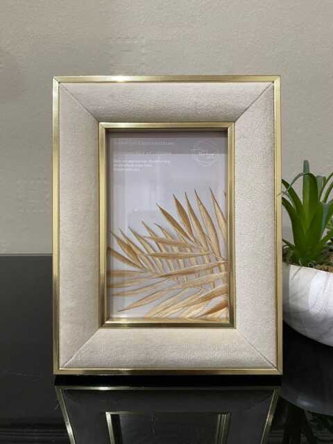 Neutral Velvet Photo Frame With Gold Edged Picture For Tabletop Or Shelf Display Soft Finish Home Decorative - image 1