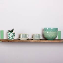 Acacia Bathroom Shelves, Wall Kitchen Hanging Shelf, Dark Wood Bookshelf, Neon Yellow Bracket - thumbnail 2