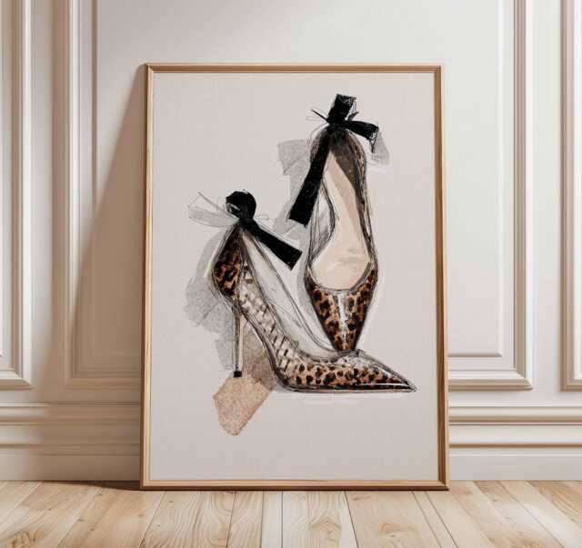 Fashion Heels Art Print, Leopard High Wall With Black Bows, Glamour Shoe Poster - image 1