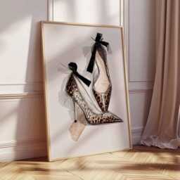 Fashion Heels Art Print, Leopard High Wall With Black Bows, Glamour Shoe Poster - thumbnail 2