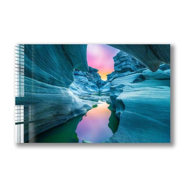 Ice Blue Stone Canyon With Colorful Sky - Tempered Glass Wall Art Printing - image 1