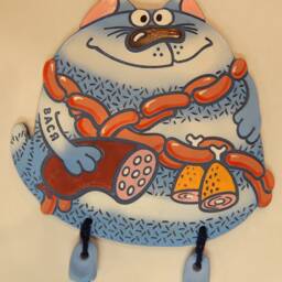 Ceramic Wall Happy Cat. Striped Wall Art. Cat Hanging. Hand Made Ceramics. Hanging Decor - thumbnail 2