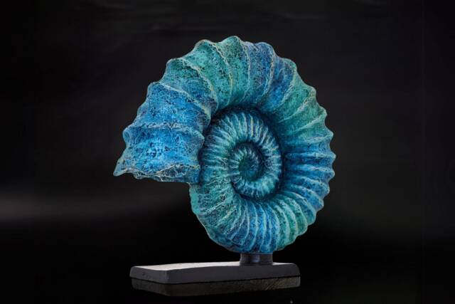 Handpainted Blue Ammonite Sculpture Fossil Shell Statue, Coastal Home Bookshelf & Aquarium Office Decor - image 1