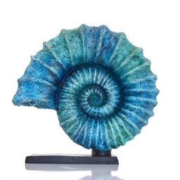 Handpainted Blue Ammonite Sculpture Fossil Shell Statue, Coastal Home Bookshelf & Aquarium Office Decor - thumbnail 3