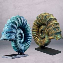 Handpainted Blue Ammonite Sculpture Fossil Shell Statue, Coastal Home Bookshelf & Aquarium Office Decor - thumbnail 4