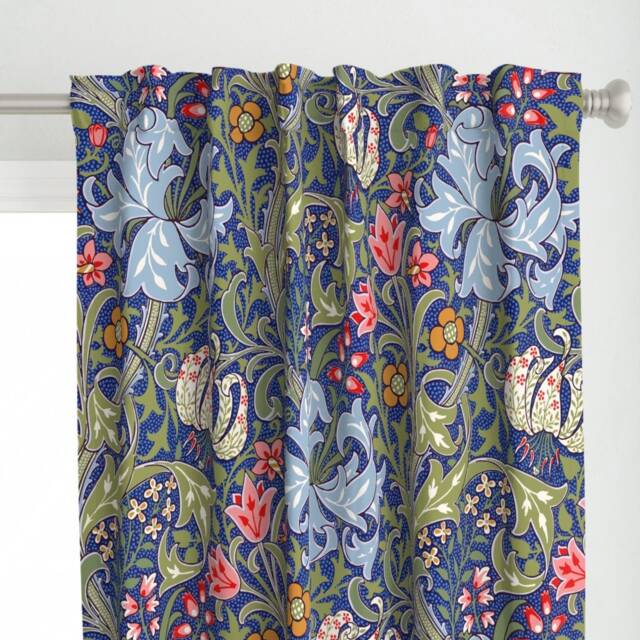 Art Nouveau Curtain Panel - Floral Damask Golden Lily Reproduction Blue Custom Intense By Peacoquettedesigns - image 1