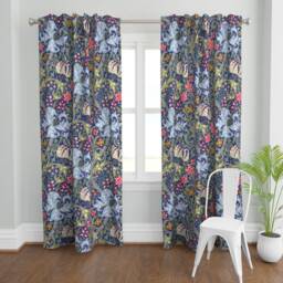 Art Nouveau Curtain Panel - Floral Damask Golden Lily Reproduction Blue Custom Intense By Peacoquettedesigns - thumbnail 2