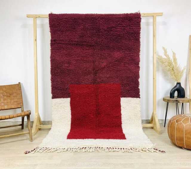 Red White Checkered Shag Rug, Large Moroccan Berber Area Carpet, Hand Tufted Wool - image 1