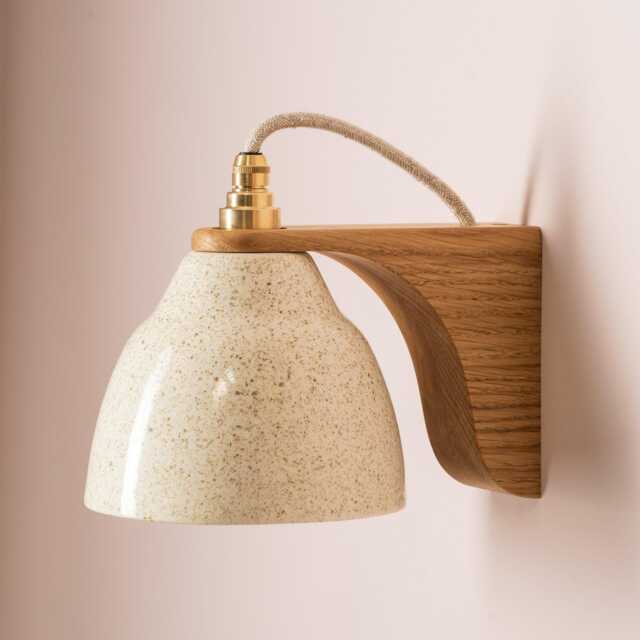 Speckled Cream Gloss Right-Angle Element Wall Light in Ceramic & Oak - image 1