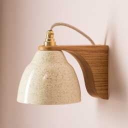 Speckled Cream Gloss Right-Angle Element Wall Light in Ceramic & Oak - thumbnail 1