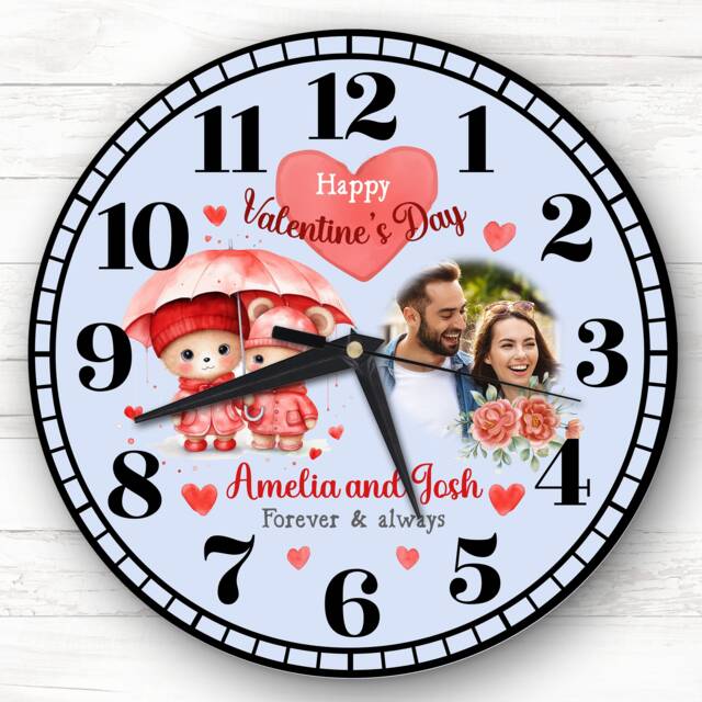 Valentine's Day Gift Couple Bear Photo Blue Personalised Clock - image 1