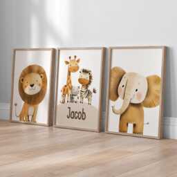 Safari Nursery Prints Lion, Elephant, Personalised Name Art - Sage Beige - thumbnail 2