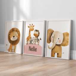 Safari Nursery Prints Lion, Elephant, Personalised Name Art - Sage Beige - thumbnail 3