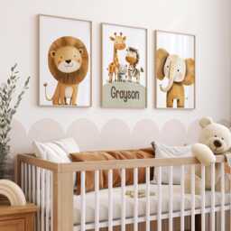 Safari Nursery Prints Lion, Elephant, Personalised Name Art - Sage Beige