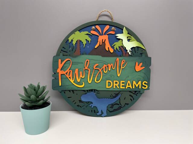 Dinosaur Name Plaque - Dinosaur Bedroom Decor Wall Sign Wooden Plaque - image 1