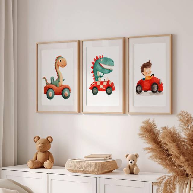 Dinosaur Race Car Watercolor Print Set Kids Room Wall Art - image 1