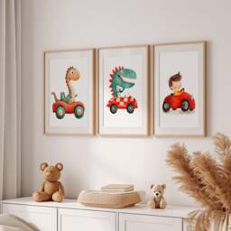 Dinosaur Race Car Watercolor Print Set Kids Room Wall Art - thumbnail 1