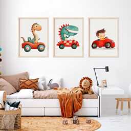 Dinosaur Race Car Watercolor Print Set Kids Room Wall Art - thumbnail 3