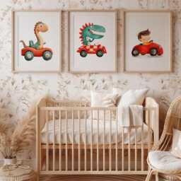 Dinosaur Race Car Watercolor Print Set Kids Room Wall Art - thumbnail 4