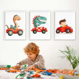 Dinosaur Race Car Watercolor Print Set Kids Room Wall Art - thumbnail 2