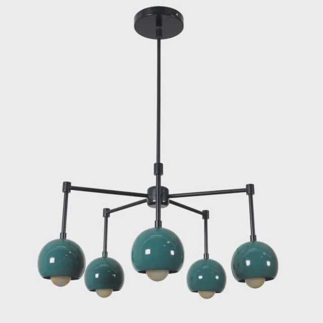 Sputnik Chandelier, Mid Century Modern Lighting, Globe Pendant Light, Teal Blue, 5 Light Fixture - image 1