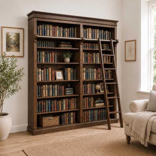 Solid Pine 8Ft Library Bookcase, Heavy Duty Shelving Unit With Ladder, Dark Wood Finish - image 1