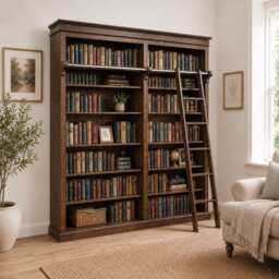 Solid Pine 8Ft Library Bookcase, Heavy Duty Shelving Unit With Ladder, Dark Wood Finish - thumbnail 1