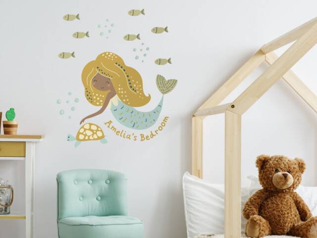 Personalised Mermaid Wall Sticker Pack, Mustard & Blue Decals, Stickers For Walls, Themed Room - image 1