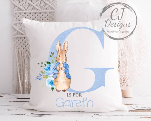 Personalised Peter Rabbit Blue Water Colour White Super Soft Cushion Cover Christening Gift Keepsake - image 1
