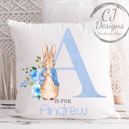 Personalised Peter Rabbit Blue Water Colour White Super Soft Cushion Cover Christening Gift Keepsake - thumbnail 2