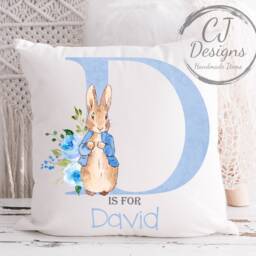 Personalised Peter Rabbit Blue Water Colour White Super Soft Cushion Cover Christening Gift Keepsake - thumbnail 3