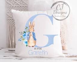 Personalised Peter Rabbit Blue Water Colour White Super Soft Cushion Cover Christening Gift Keepsake - thumbnail 1