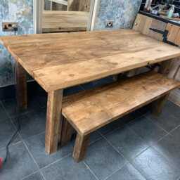 Handmade Solid Wood Rustic Farmhouse Kitchen Tables & Benches With Wooden Legs Made From Reclaimed Pine - thumbnail 2