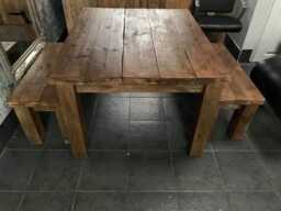 Handmade Solid Wood Rustic Farmhouse Kitchen Tables & Benches With Wooden Legs Made From Reclaimed Pine