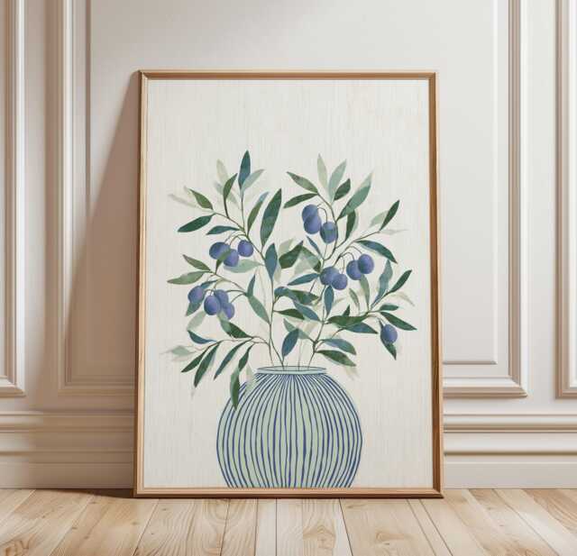 Botanical Olive Branch Wall Art Poster, Blue Green Print, Mediterranean Vase Illustration, Modern Nature Decor - image 1