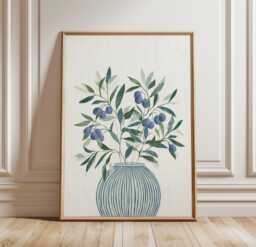 Botanical Olive Branch Wall Art Poster, Blue Green Print, Mediterranean Vase Illustration, Modern Nature Decor - thumbnail 1